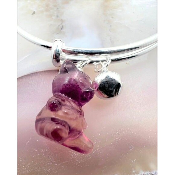 Adorable Bangle Bracelet with Fluorite Bear and Bell - Picture 4 of 5